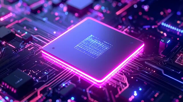 Glowing CPU microprocessor on a high-tech purple and blue circuit board.