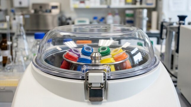 Laboratory centrifuge safety lid locked in position with colour-coded tube adapters visible inside - Healthcare and Hospital Stock Photo