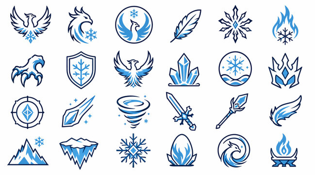 Collection of blue line art icons and symbols.