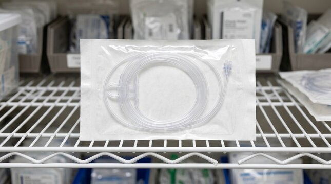 Capnography nasal cannula with CO2 sampling line in sterile packaging on a hospital anaesthesia supply shelf - Healthcare and Hospital Stock Photo