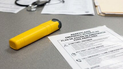 Epinephrine auto-injector in its carrying tube on a hospital allergy clinic desk beside an anaphylaxis action plan in two languages - Healthcare and Hospital Stock Photo