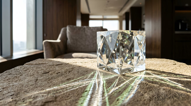 Elegant modern interior decor featuring crystal glass cube with sunlight refraction on textured stone table in luxury hotel lounge