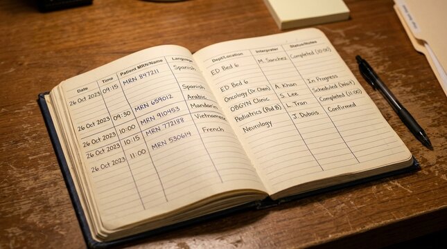 Interpreter request tracking log book open on a hospital language services coordinator desk showing handwritten entries - Healthcare and Hospital Stock Photo