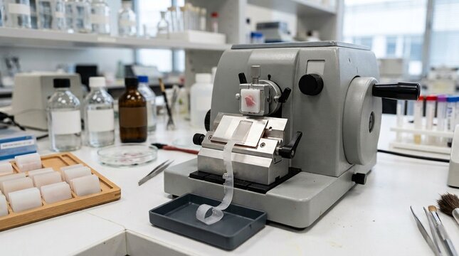 Microtome sectioning device on a hospital histology laboratory bench with paraffin wax blocks and a blade visible - Healthcare and Hospital Stock Photo
