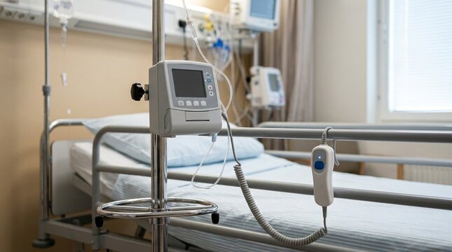 Patient-controlled analgesia PCA pump mounted on an IV pole beside a hospital bed with the dosing button hanging on the rail - Healthcare and Hospital Stock Photo