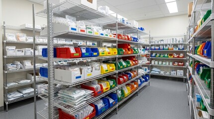 Fototapeta premium Supply room with wire shelving stocked with organised medical consumables and colour-coded bin labels - Healthcare and Hospital Stock Photo