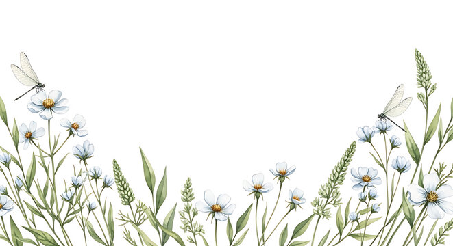 Delicate white wildflowers and dragonflies border on white background nature green
