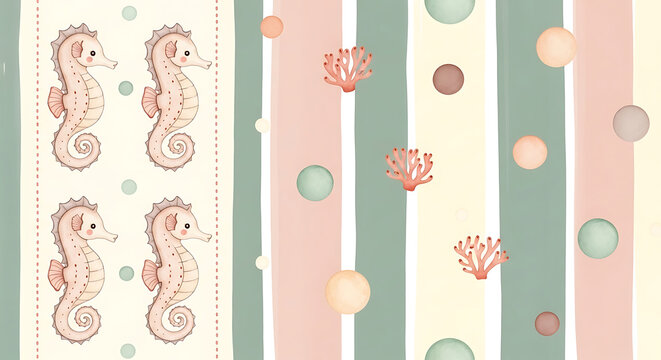 Four pink seahorses on a vertical striped background with coral and circles