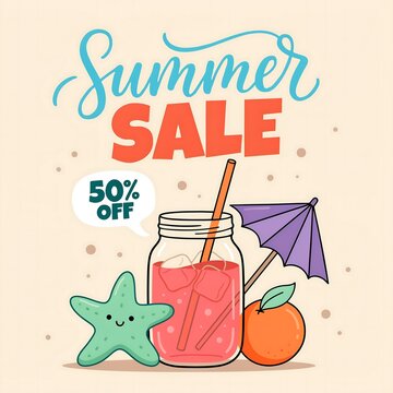 Summer sale promotion design with tropical drink and starfish promotion starfish umbrella discount marketing