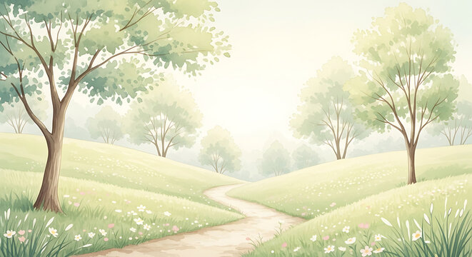 Gentle winding path through sunlit green hills with scattered wildflowers and trees trail road dirt