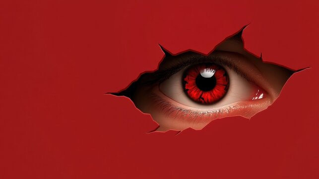 striking human eye with a vivid red iris peers through a jagged tear in a red surface, creating a mysterious and intense visual effect.