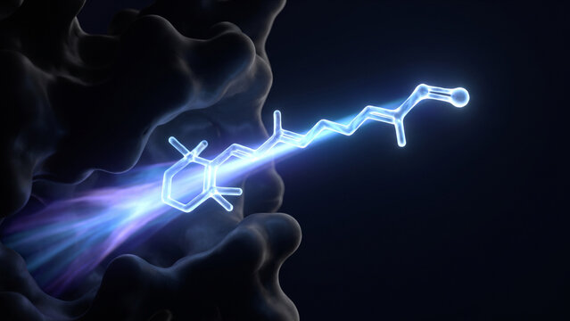 暗黒の量子空間におけるロドプシンの光異性化とオールトランスレチナール分子構造の伸長を描く高精細マクロCG画像