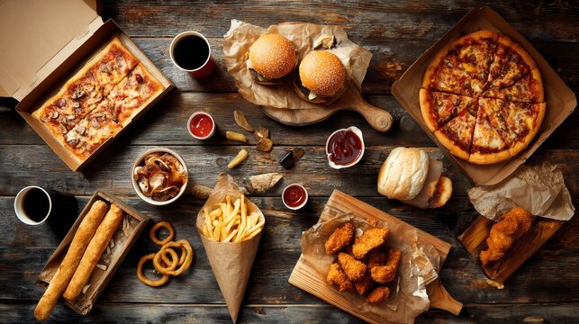 Delicious fast food assortment featuring pizza, burgers, fried chicken, french fries, breadsticks and sauces arranged together for a casual meal concept, restaurant menu and takeaway dining.