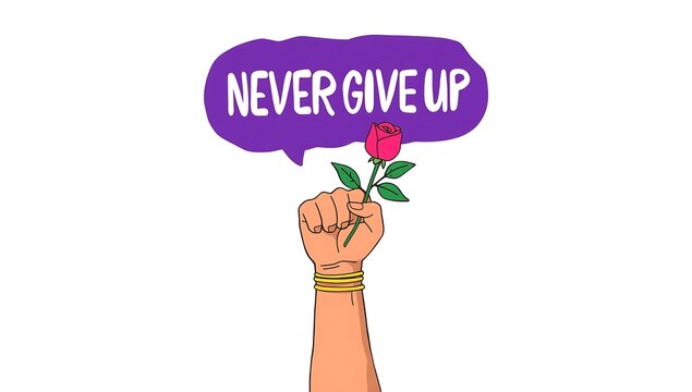 Raised fist holding a red rose with a never give up motivational speech bubble illustration motivation strength