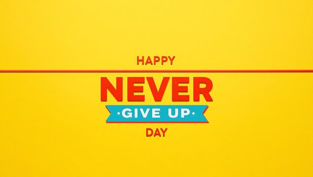 Motivational never give up day inspirational quote on bright yellow background with motivation, inspiration