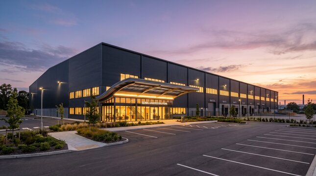 Modern commercial warehouse building at sunset with dramatic sky and paved parking lot warehouse commercial building industrial architecture facility exterior business logistics development