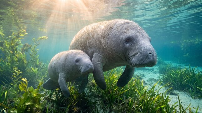 Manatee Mother and Calf: A gentle manatee mother and her calf swim serenely in clear, sun-dappled turquoise water amidst lush green seagrass, embodying a peaceful underwater sanctuary.