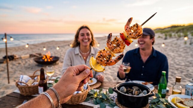POV of hand holding grilled shrimp skewer at beach clambake dinner party