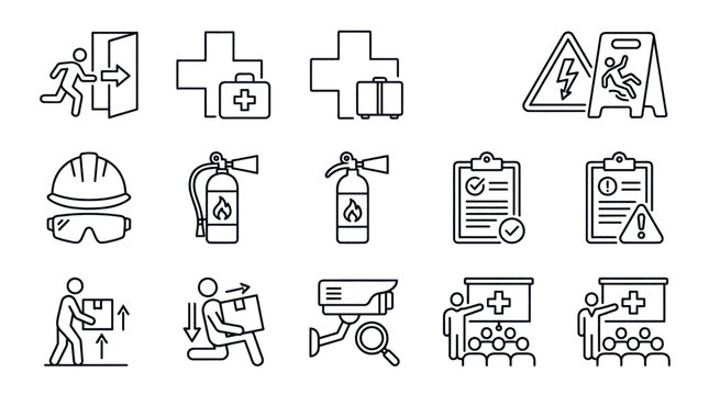 Collection of black and white line icons representing various professions and activities.