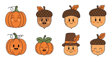 Cute cartoon pumpkin and acorn characters with happy faces © jidan