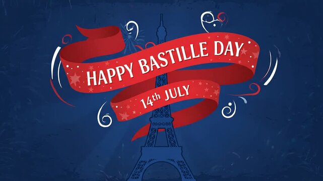 Animated Bastille Day greeting with red ribbon and Eiffel Tower silhouette on blue background for July 14 celebration.