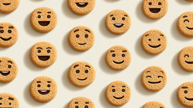 Smiling cookies with happy faces pattern background