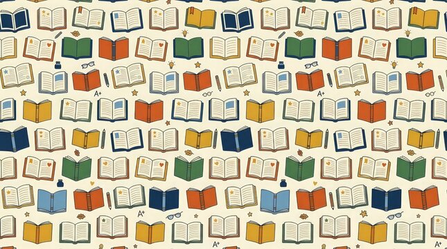 Educational seamless background with colorful hand-drawn books and icons