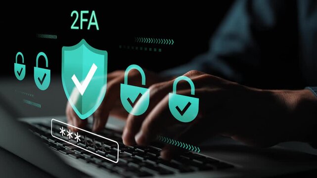 Digital security concept featuring hands typing on a laptop with two-factor authentication symbols representing online protection and data safety Gluon.