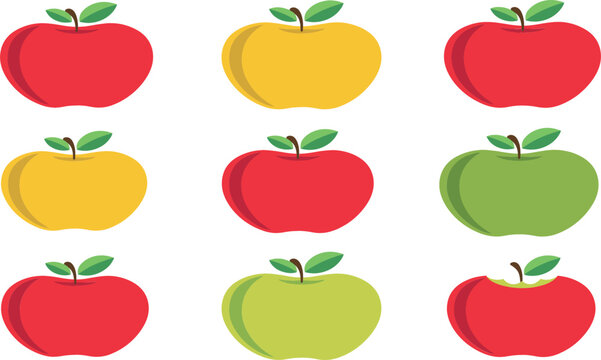 Colorful Apple Fruit Vector Icon Set Featuring Red Yellow and Green Apples with Bite Mark for Grocery Branding and Nutrition Graphic Designs