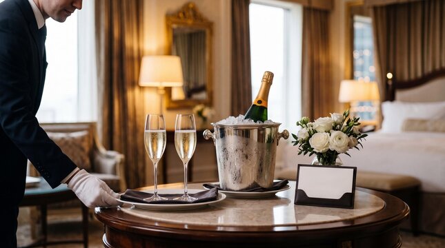 Butler serving chilled champagne in a luxury hotel suite with room service