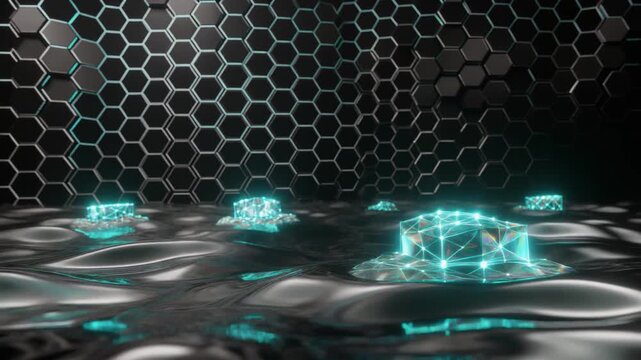 Glowing digital cubes floating on liquid metal surface in this dark high tech motion animation clip