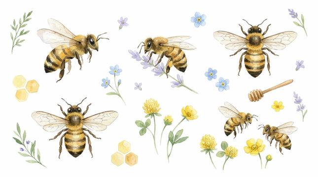 Bees fly around flowers and honey on a sunny day outdoors in a garden.