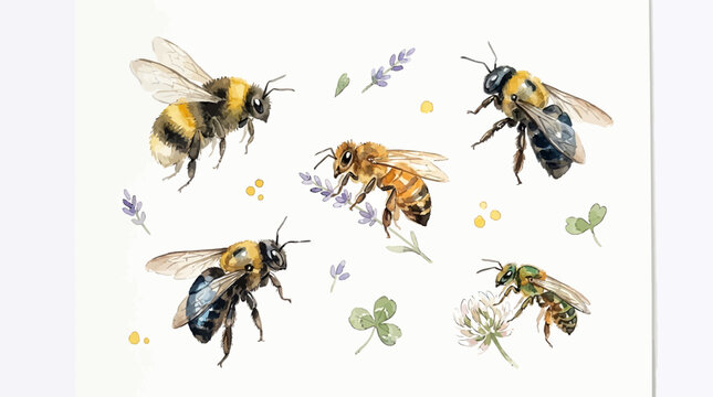 Bees fly around lavender and clover flowers in a garden scene with insects.