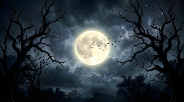 Full moon, night sky, spooky trees, dark landscape, eerie atmosphere halloween