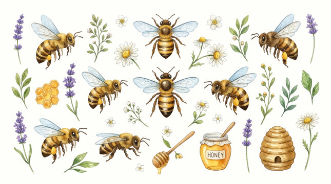 Bees fly around a beehive with honey and flowers