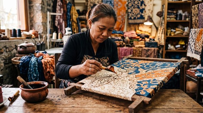 Traditional batik artisan drawing intricate wax patterns on fabric in workshop.