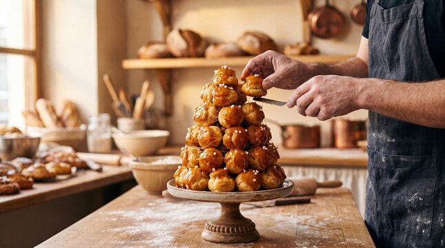Baker assembling a traditional French croquembouche tower in an artisan bakery.
