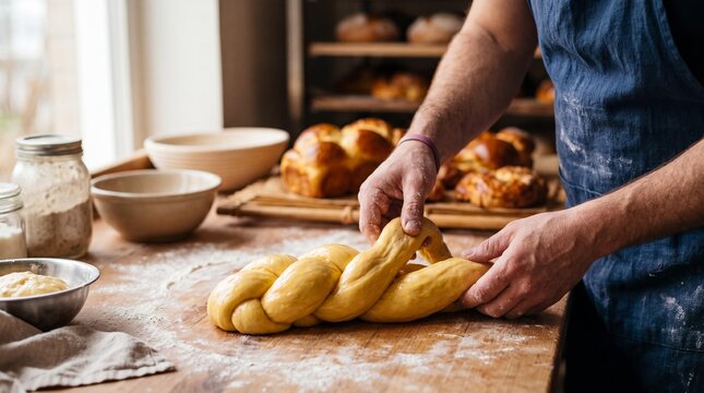 Baker hands braiding a fresh brioche dough on a wooden table in artisan bakery.