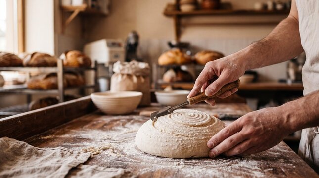 Baker scoring fresh sourdough bread dough with a lame in an artisan bakery.