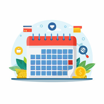 Financial planning calendar with payment due date, money, and credit cards flat vector illustration