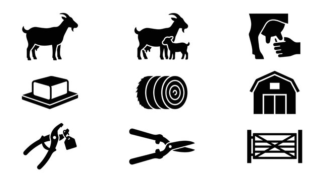 Farm tools and animal icons.