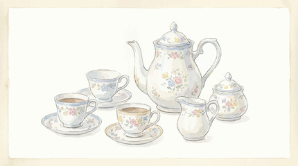 Fototapeta premium A delicate floral tea set with two cups and saucers, creamer, sugar bowl, and teapot on a table.