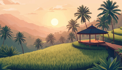 Warm vector scene of a hilltop gazebo among golden rice terraces, palms, and misty mountains for resort marketing, travel posters, hospitality, and escape themes © Joko