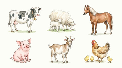 A group of farm animals are standing together on grassy field