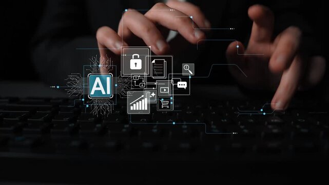 Modern Technology Concepts with Artificial Intelligence Symbols and Digital Icons Displayed Over Hands Typing on Keyboard in Dark Environment Gluon.