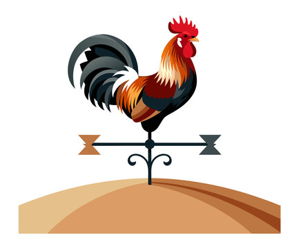 Colorful rooster weather vane on rooftop.