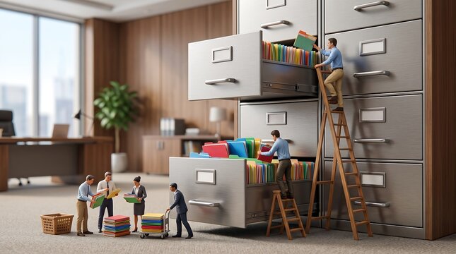 Miniature office workers organizing files in a giant filling cabinet