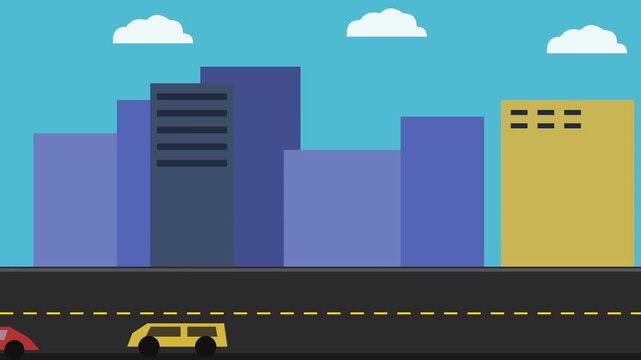 City traffic animation with colorful vehicles on an urban highway