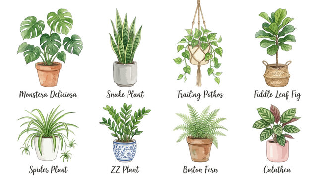 Variety of houseplants in pots on a shelf with Monstera Deliciosa, Snake Plant, and Fiddle Leaf Fig.