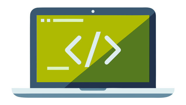 Laptop computer displaying coding symbols on screen.